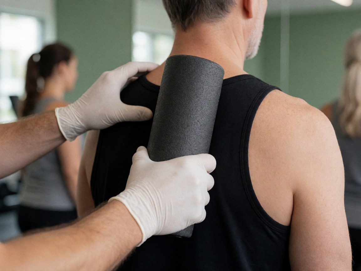 Therapist wearing gloves applying sports massage with a foam roller on a client's shoulder in a modern gym with green walls