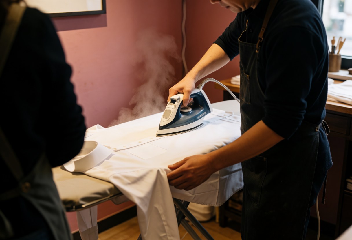 A professional wearing a dark sweatshirt and apron uses a steam iron on a white shirt in a workshop with a pink wall and visible tools.
