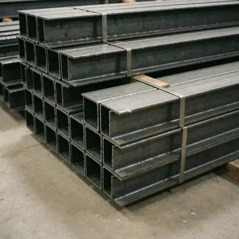 Stacked black steel structures in a warehouse ready for industrial staircase manufacturing