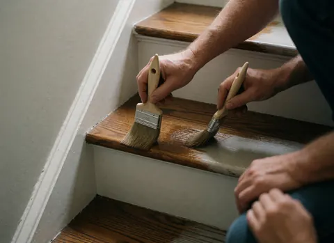 Close-up of hands using a brush to apply varnish to a wooden staircase, highlighting the wood grain and glossy finish