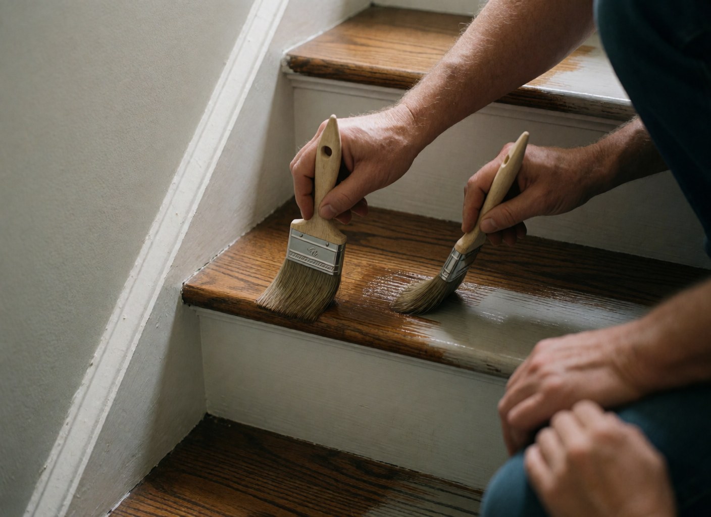 Close-up of hands using a brush to apply varnish to a wooden staircase, highlighting the wood grain and glossy finish