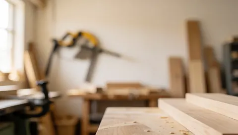 Wood planks in a carpentry workshop with tools in the background, illuminated with warm light