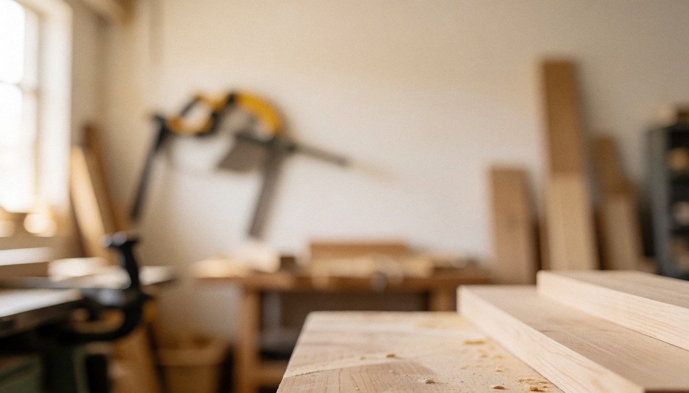 Wood planks in a carpentry workshop with tools in the background, illuminated with warm light