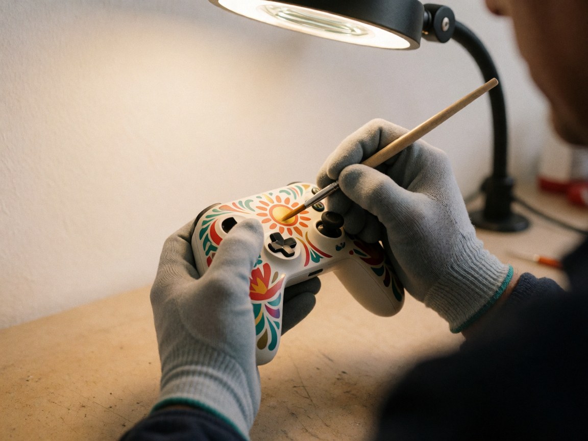 A technician wearing gloves paints a detailed Mexican sun design on a game controller under magnified light in a white-walled workshop.