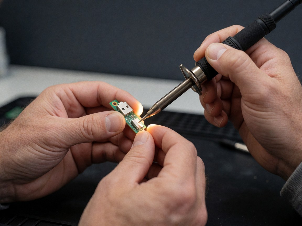 Close-up of hands precisely soldering a USB-C connector onto a green electronic circuit board with tools visible against a dark background.