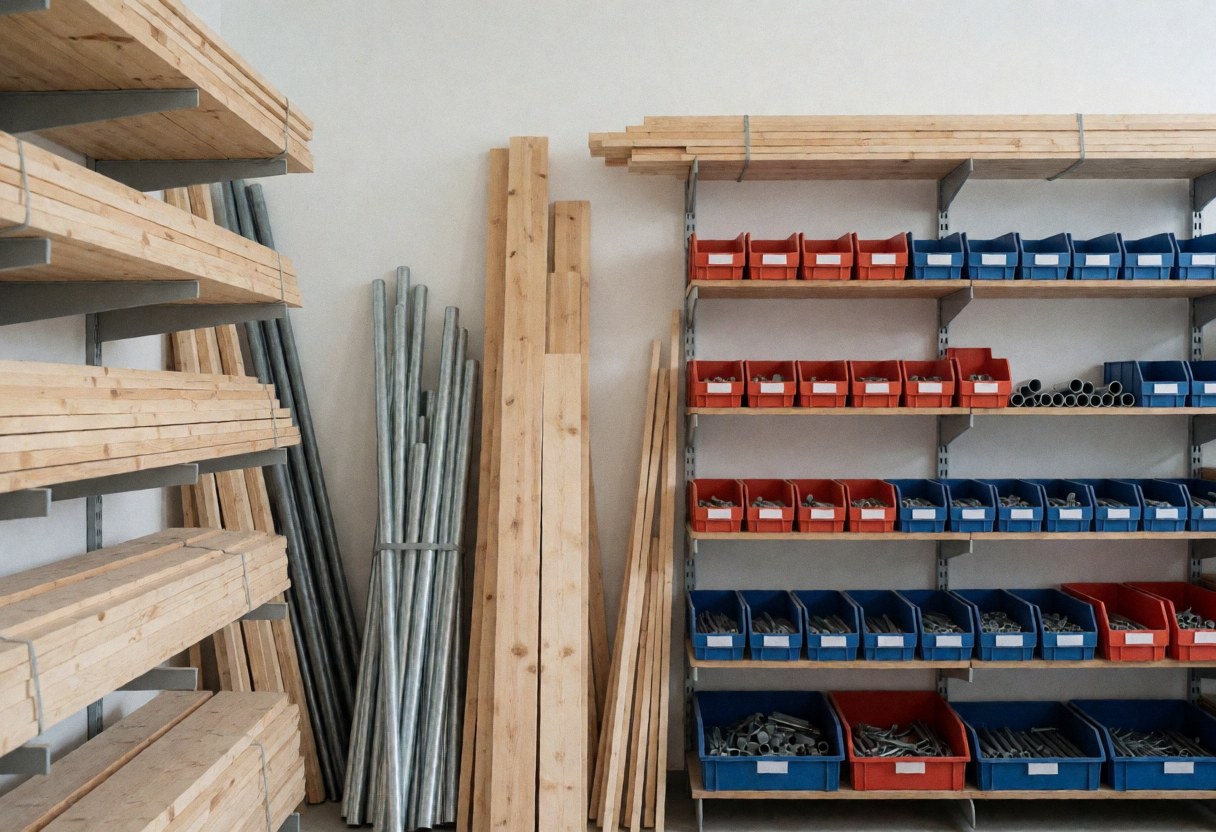 Well-lit industrial warehouse shelves holding organized wood, metal pipes, and toolboxes for staircase installation projects