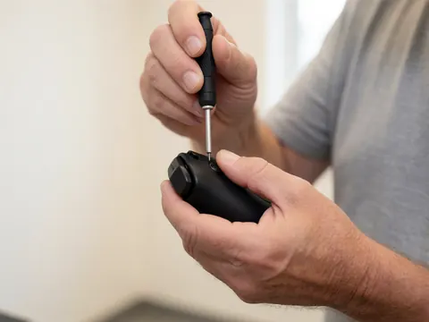 Close-up of a technician using a screwdriver to adjust a screw on a gaming console, with hands and tools in focus against a blurred background.