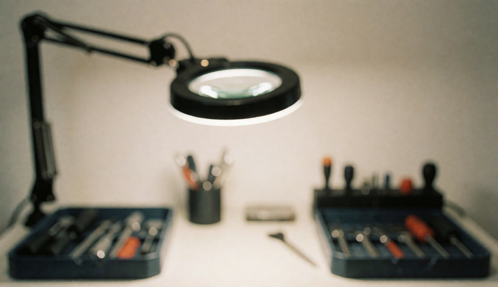 Soft focus background of a repair shop with tools in boxes, a magnifying lamp, and metal stand, ideal for text overlay.