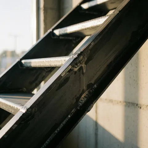 Close-up of a black matte metal staircase stringer showing weld details against a concrete wall in warm sunlight