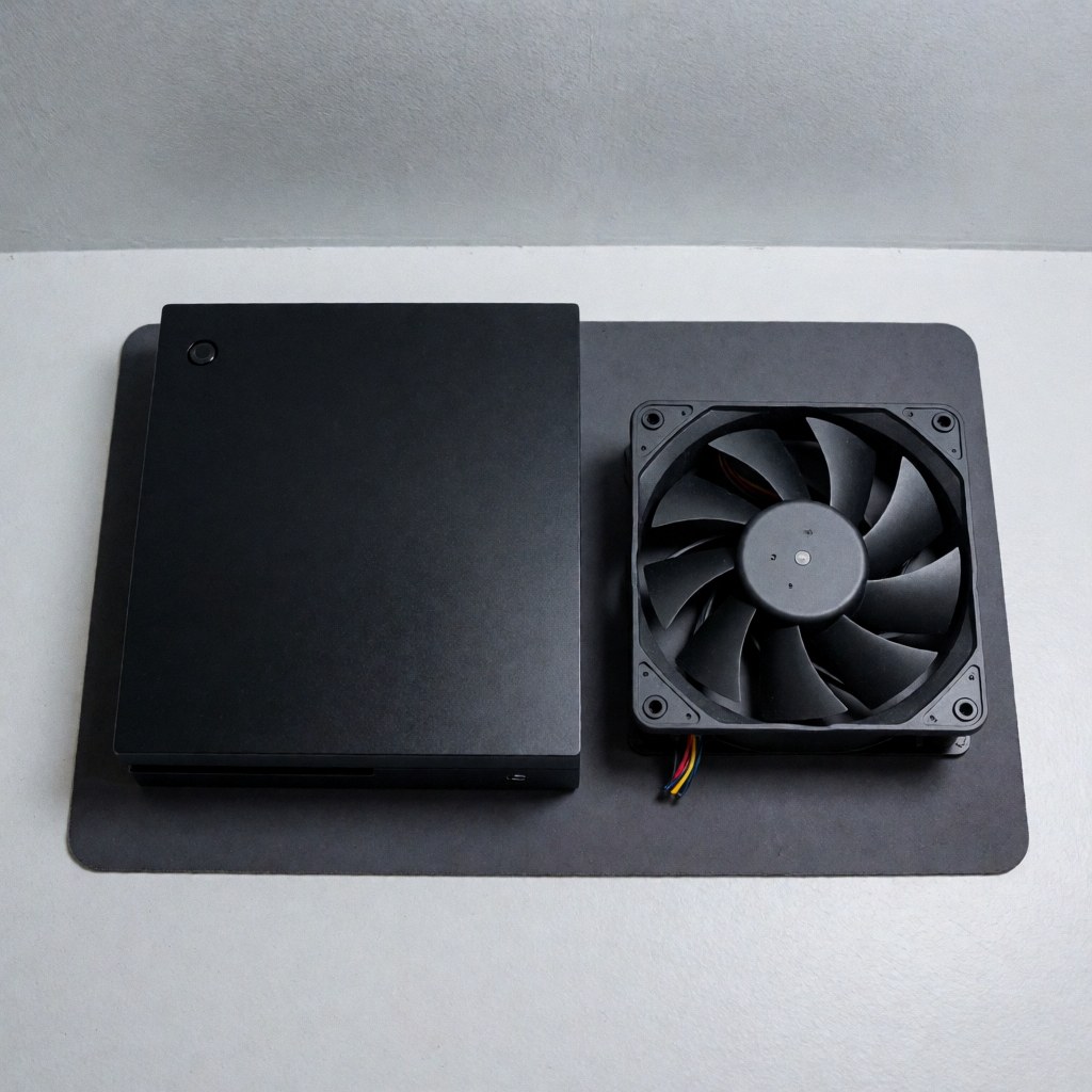 Black video game console and a new replacement fan on a dark surface, ideal for console repair services