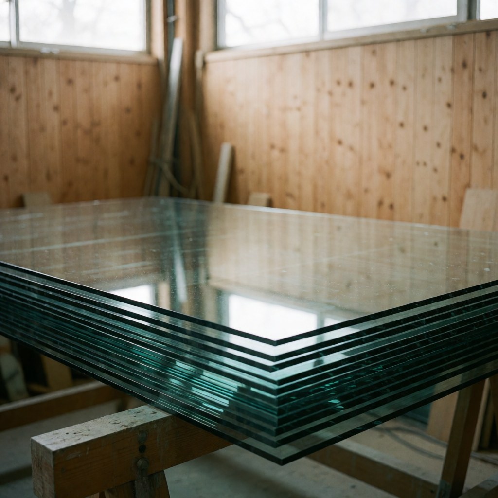 Stacks of tempered glass with polished edges resting on wooden supports in a workshop with wooden walls and natural light.