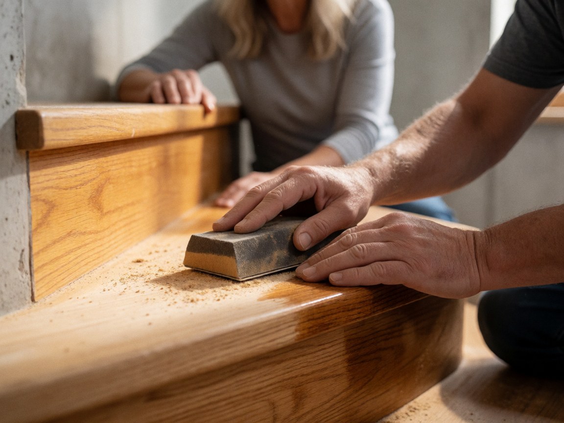 Close-up of an adult hand sanding a wooden stair step with sandpaper, showing the contrast between old and new finish with wood dust and natural light