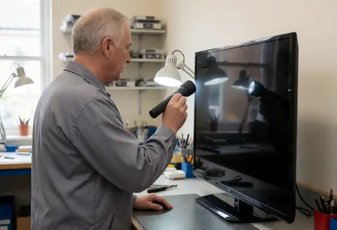 Tv repair technician inspects screen with flashlight in well-lit workshop with tools and parts in background