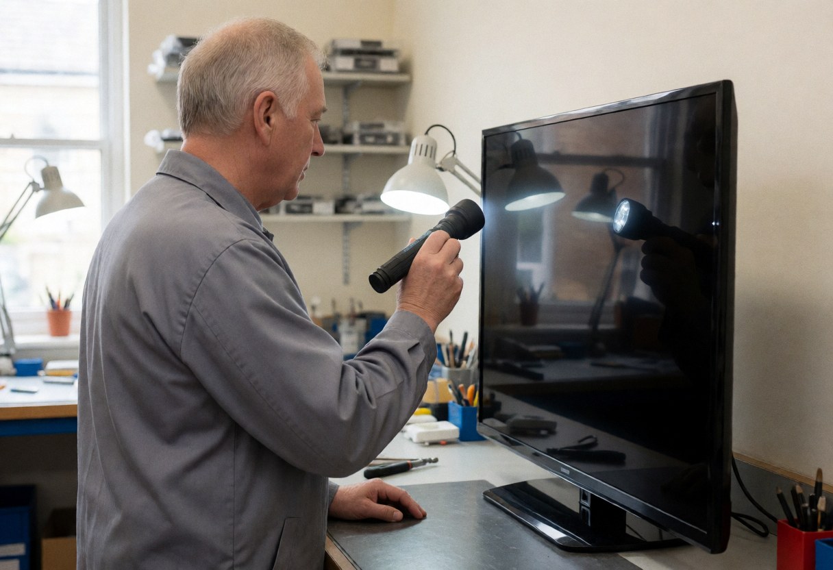 Tv repair technician inspects screen with flashlight in well-lit workshop with tools and parts in background