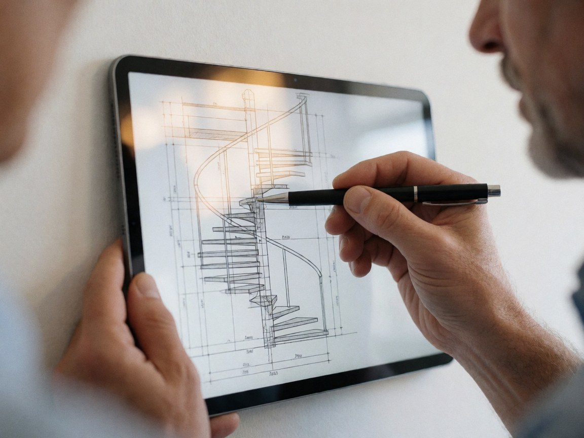 A technician reviews a spiral staircase blueprint on a tablet, pointing to design details with a pen against a white wall.