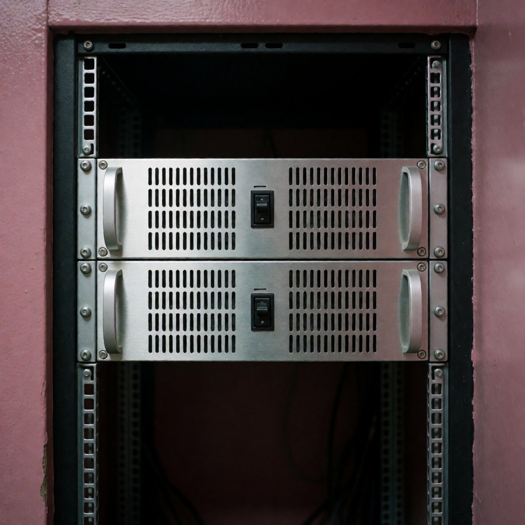 Two professional metal audio amplifiers with ventilation mounted in a 19-inch rack against a pink wall with cool technical lighting