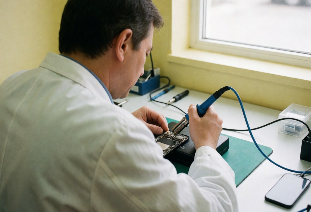 Close-up of a technician using a soldering iron to repair a mobile phone circuit board on a workbench with tools and natural lighting