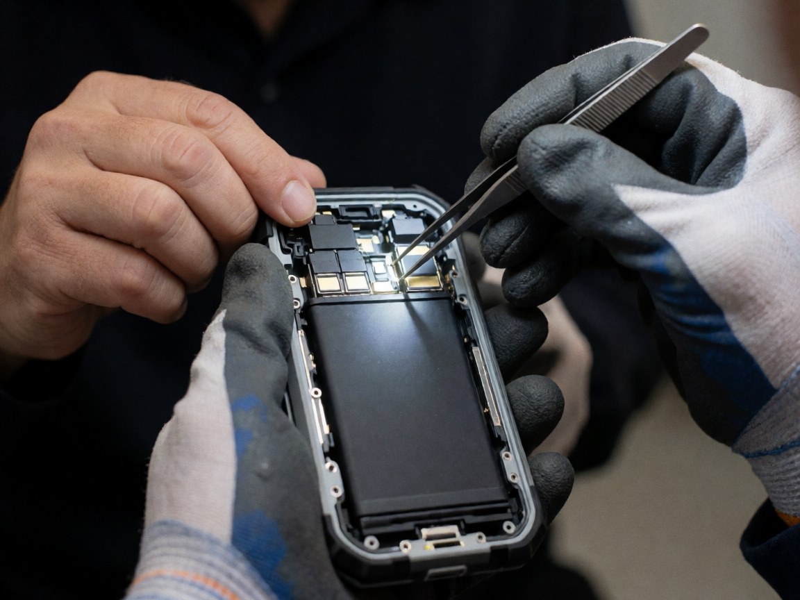 Technician wearing gloves cleans internal contacts of a rugged phone with tweezers, bright lighting on metal components against a dark background