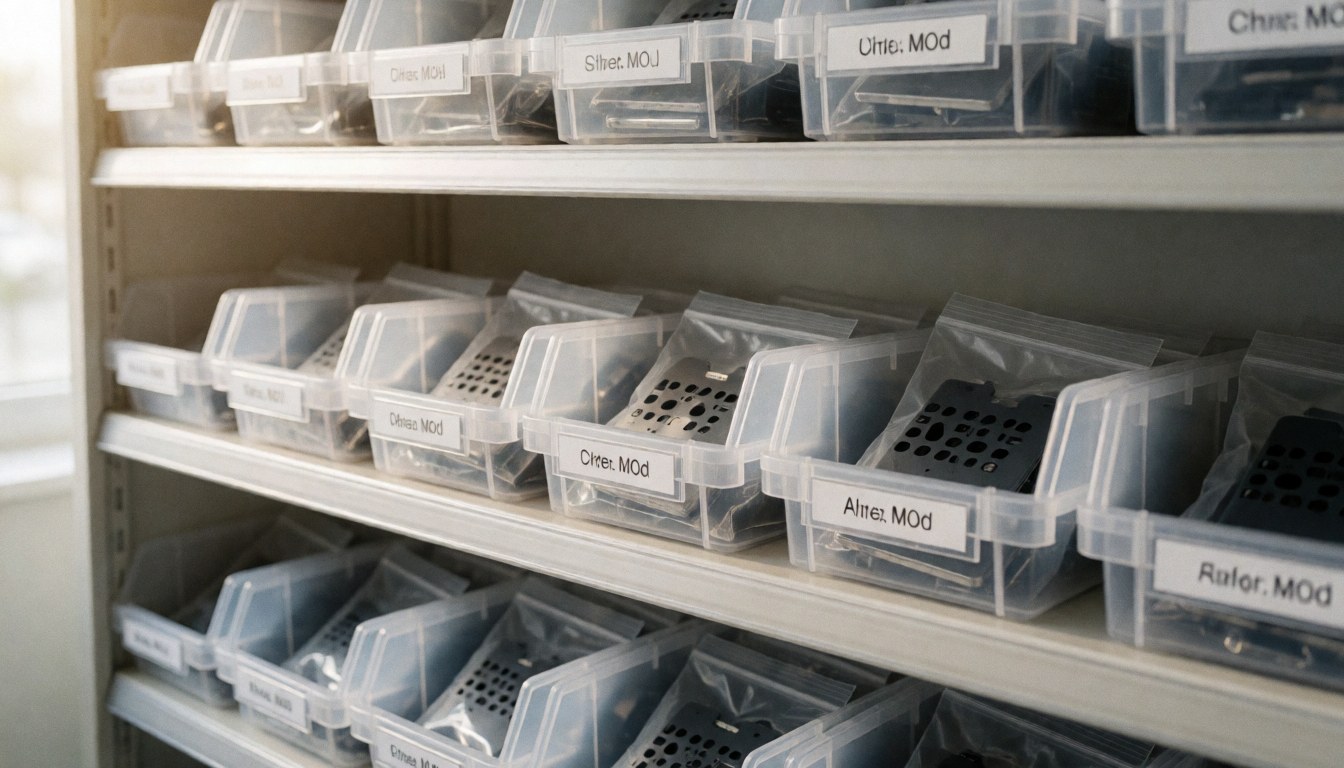 Neatly arranged plastic bins labeled with mobile phone spare parts stored on clean shelves in an organized workshop