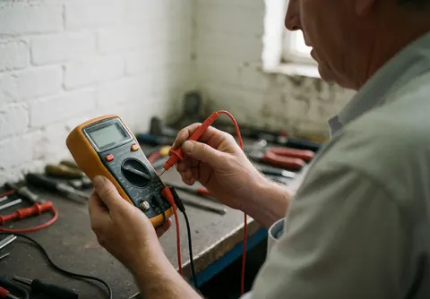Mobile repair technician measuring voltage on a battery using a digital multimeter in a workshop with white brick walls and tools on a workbench.