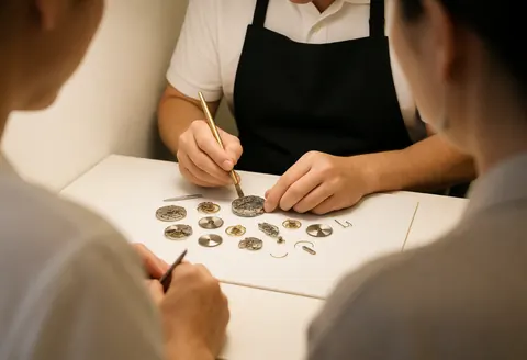 Watch repair technician in black apron fixing a watch on a white table while two people observe from behind in a workshop setting