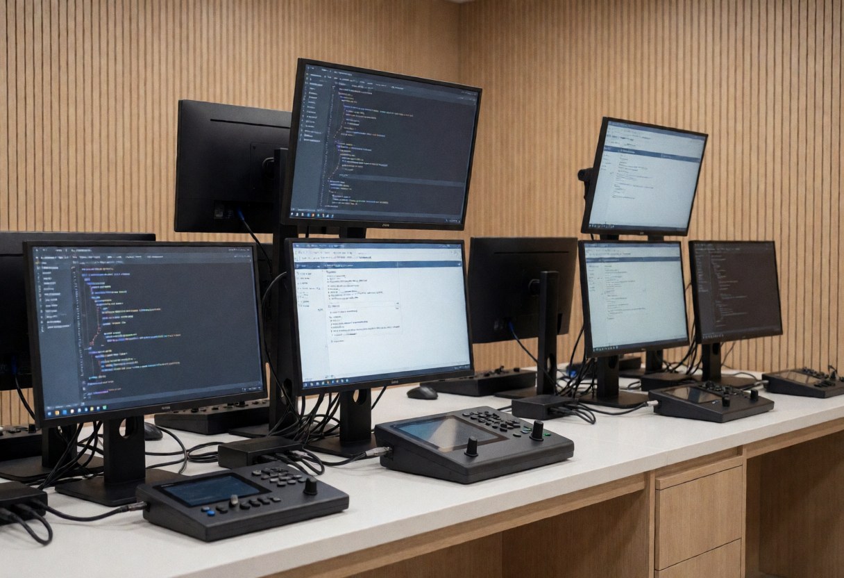 Technical workstation featuring multiple monitors displaying diagnostic code and tools for console repair, set against light wood walls in a clean professional environment
