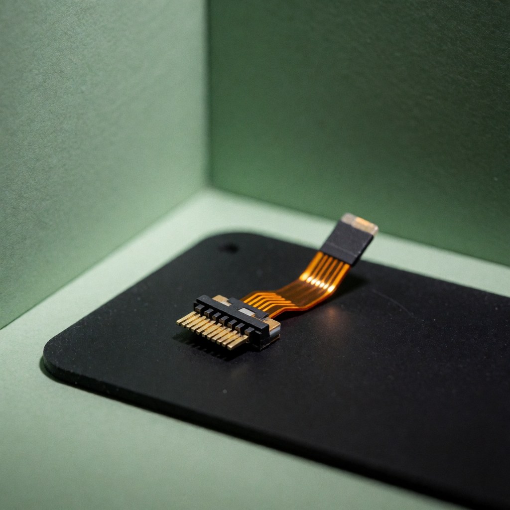 Close-up of a flexible cable charging connector for a cell phone resting on a black anti-static mat with soft lighting and green walls in the background.