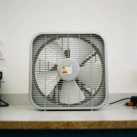Ceiling fan with metal grille and visible energy efficiency label on a clean, well-lit work table
