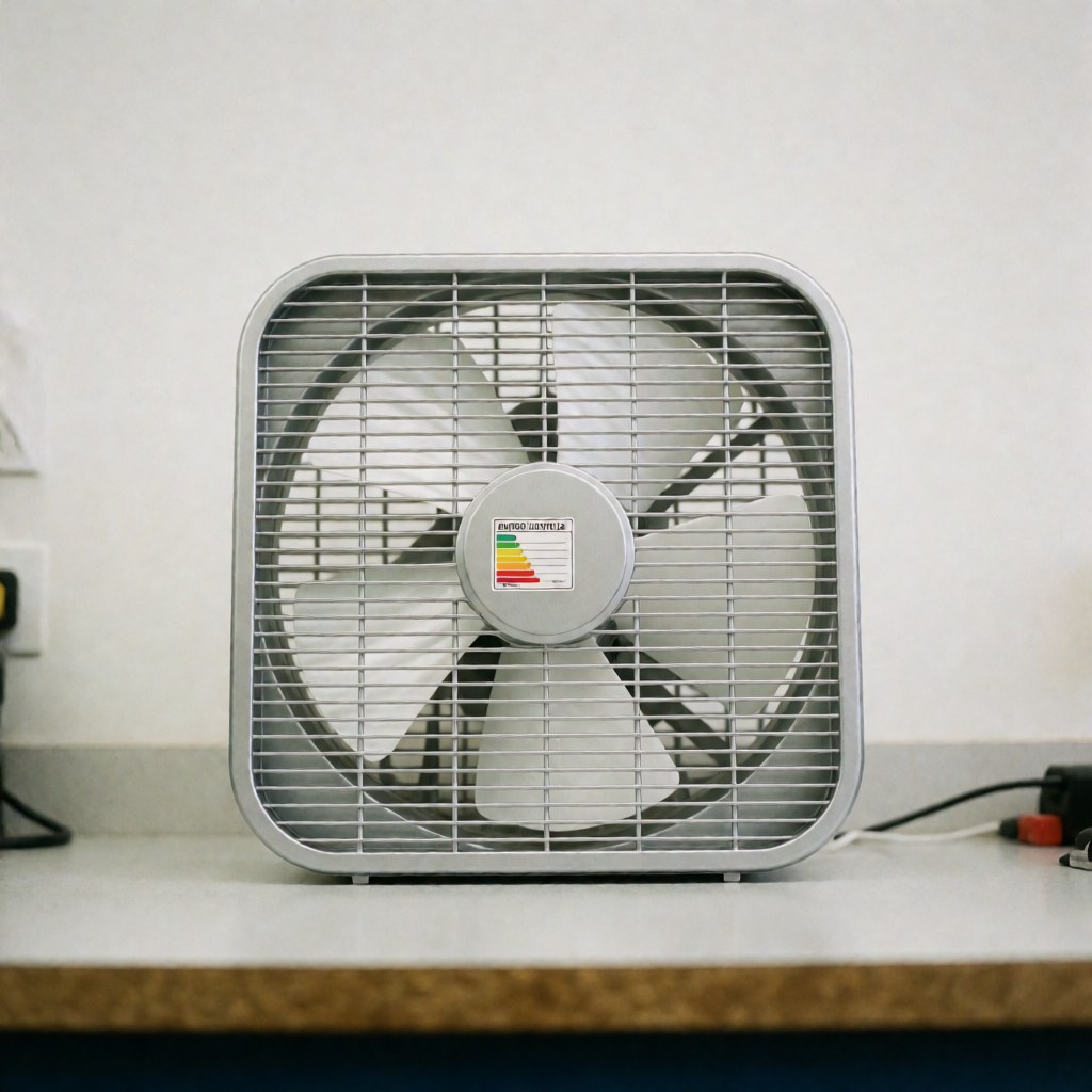 Ceiling fan with metal grille and visible energy efficiency label on a clean, well-lit work table