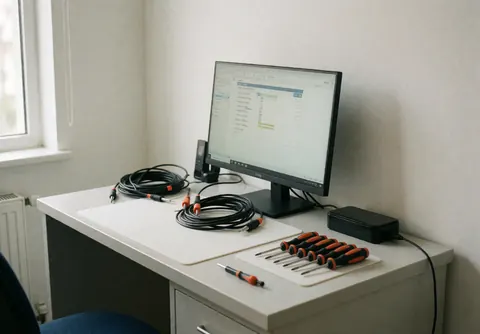 White desk with repair tools, cables, and a monitor lit by natural window light, ideal for a mobile phone repair shop.