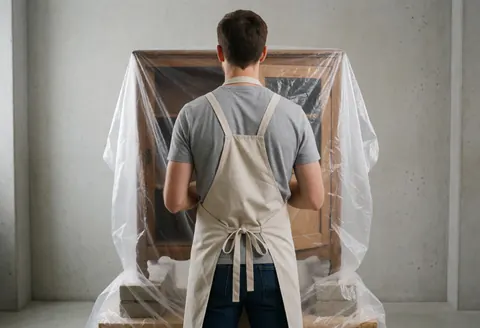 A carpenter wearing an apron inspects an antique piece of furniture covered with plastic sheeting while it rests on blocks in a workshop with concrete walls.