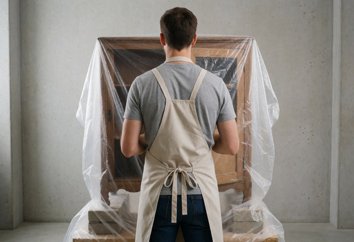 A carpenter wearing an apron inspects an antique piece of furniture covered with plastic sheeting while it rests on blocks in a workshop with concrete walls.