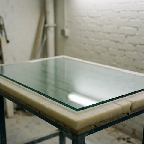 A clear glass pane resting on protective foam at a workshop workbench with white brick walls, ideal for glass window repair services.