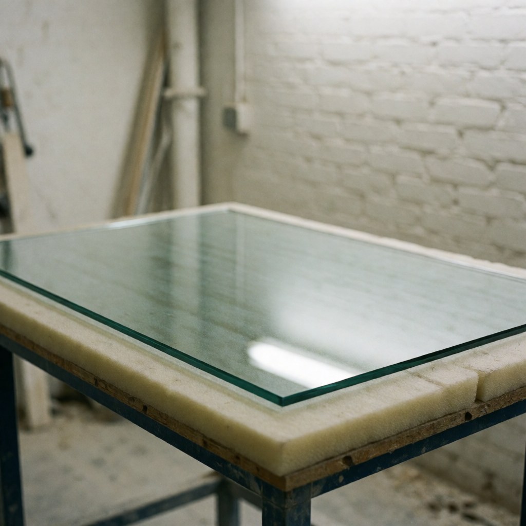 A clear glass pane resting on protective foam at a workshop workbench with white brick walls, ideal for glass window repair services.
