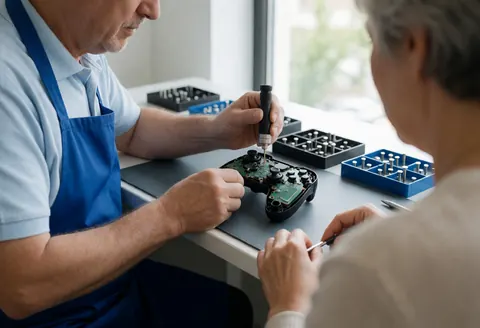A technician and client work together to repair a video game controller in a well-lit workshop with tools and accessories visible on the table.