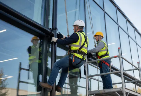 Two technicians in helmets and harnesses install black pipes on a modern glass building facade, one on scaffolding and the other suspended by ropes.