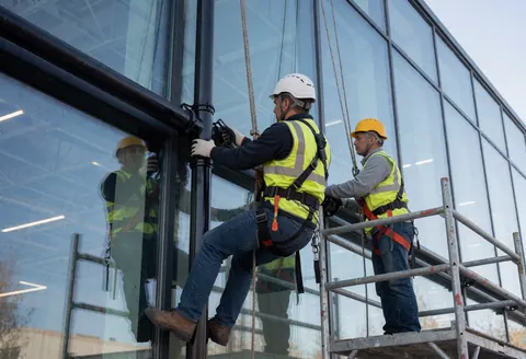 Two technicians in helmets and harnesses install black pipes on a modern glass building facade, one on scaffolding and the other suspended by ropes.