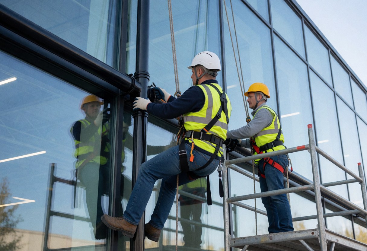 Two technicians in helmets and harnesses install black pipes on a modern glass building facade, one on scaffolding and the other suspended by ropes.