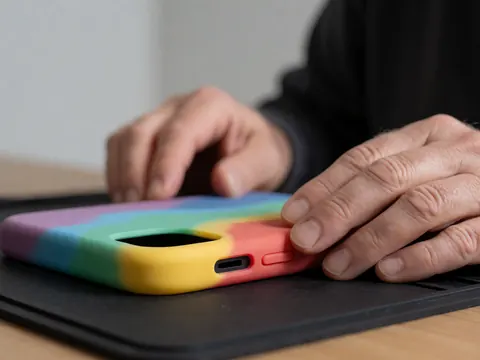 Close-up of a precisely cut phone case with smooth texture, hands working on repair over an anti-static surface