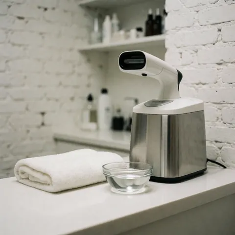 A modern, clean, unbranded facial steamer sits on a white countertop next to a towel and water container in a clinical environment with white brick walls.
