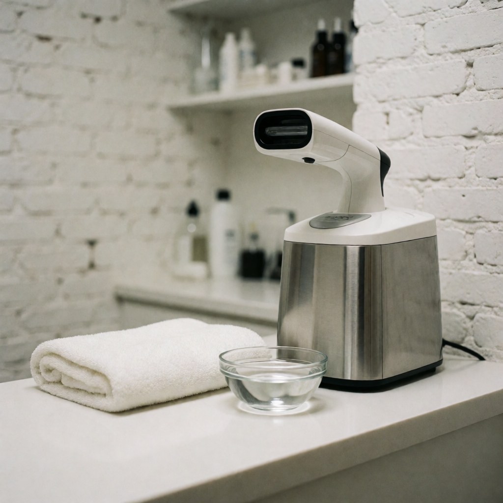 A modern, clean, unbranded facial steamer sits on a white countertop next to a towel and water container in a clinical environment with white brick walls.