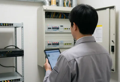 Technician in gray uniform inspects open electrical panel using a tablet in a professional equipment room with white walls and server racks.