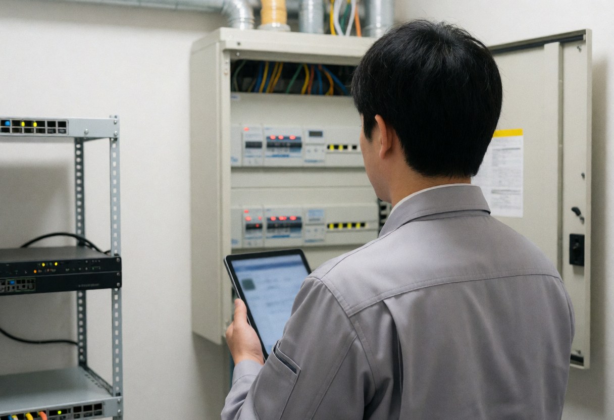 Technician in gray uniform inspects open electrical panel using a tablet in a professional equipment room with white walls and server racks.
