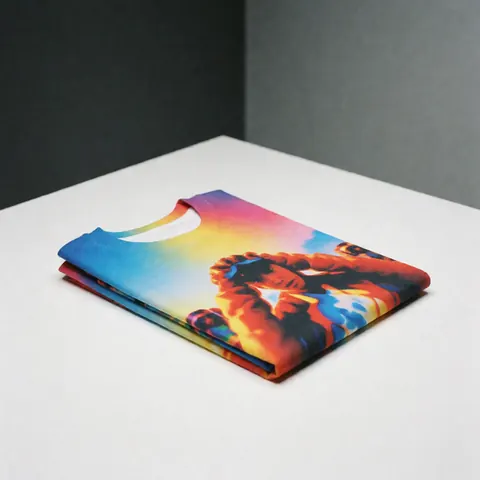 Folded short-sleeve t-shirt featuring a colorful sublimated design on a white surface with bright, even lighting against a neutral gray background.