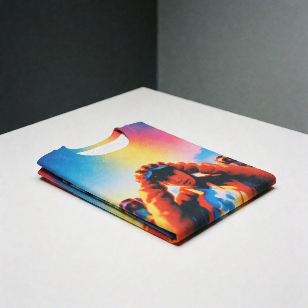 Folded short-sleeve t-shirt featuring a colorful sublimated design on a white surface with bright, even lighting against a neutral gray background.