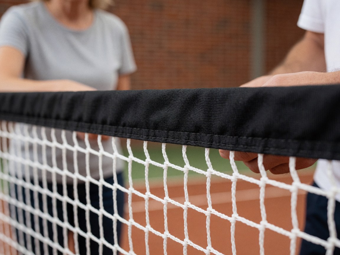 Close-up of hands working on the black edge of a tennis net with a blurred brick wall background, ideal for tennis court installation details.