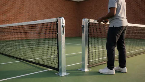 Installer adjusting tennis net on green court with red brick walls during sunset