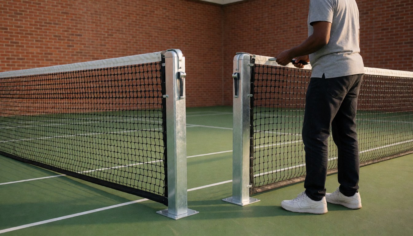 Installer adjusting tennis net on green court with red brick walls during sunset