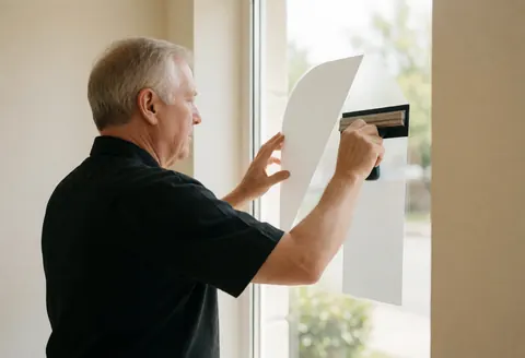 A professional technician uses a squeegee to apply decorative vinyl film to a clear glass window in a bright room with light walls.