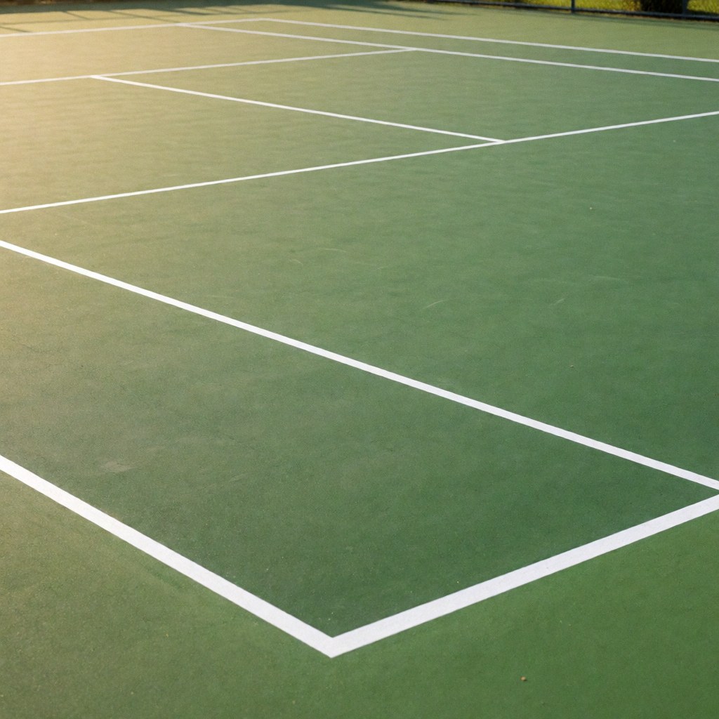 Freshly painted outdoor tennis court with green acrylic surface and crisp white lines under warm sunlight, showcasing professional installation services.
